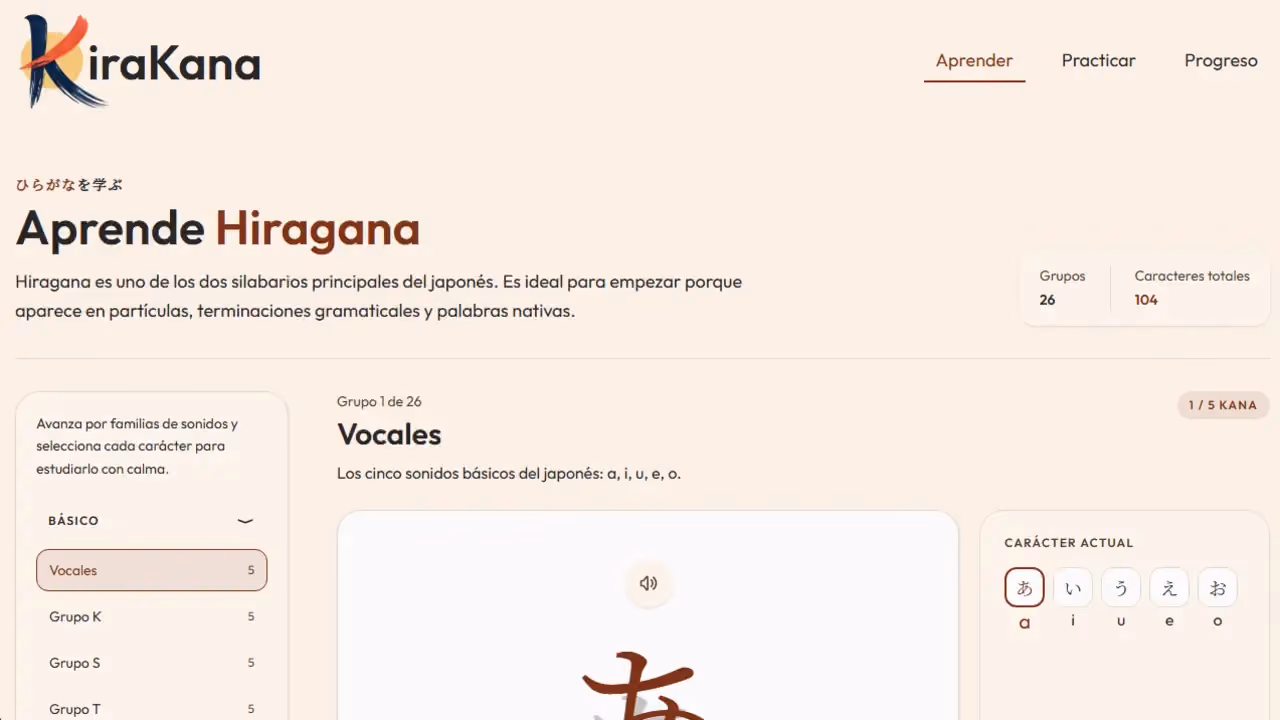 Pantalla de selección de KiraKana, para aprender hiragana y katakana