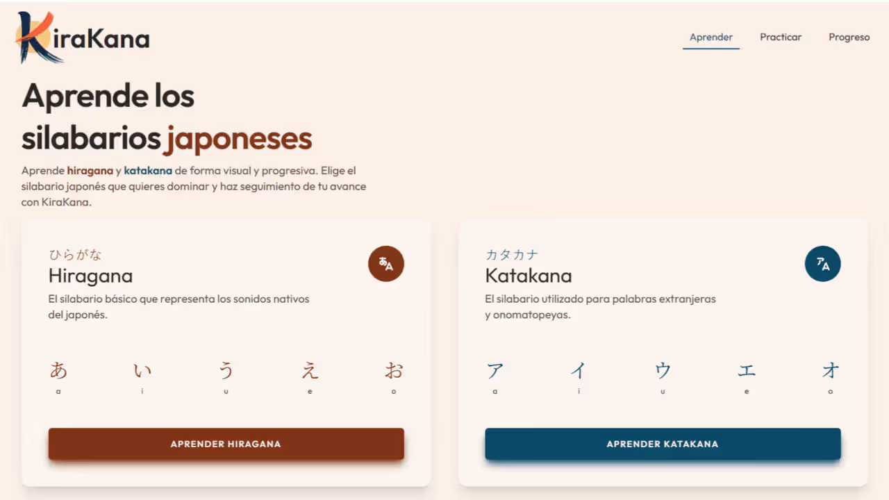 Pantalla de selección de KiraKana, para aprender hiragana y katakana