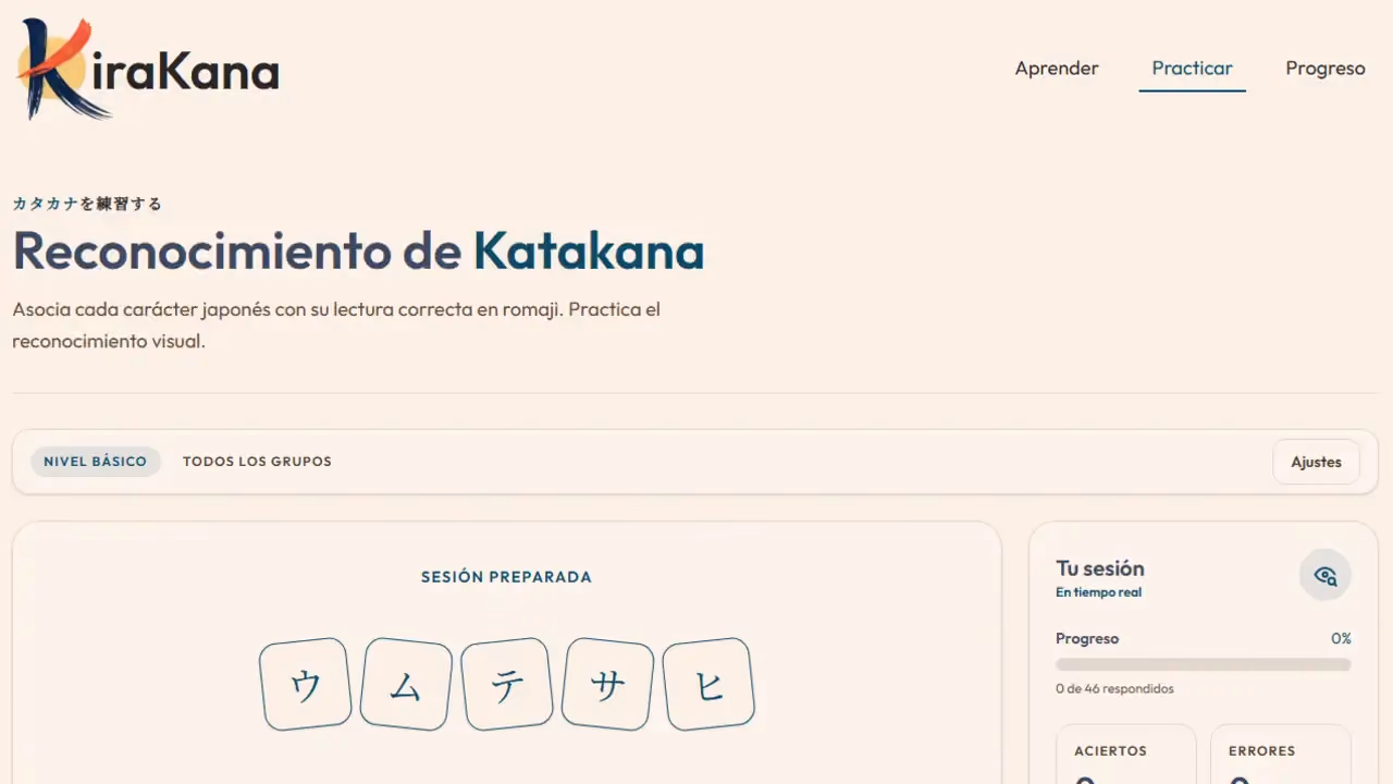 Pantalla de ejercicios de KiraKana, para practicar hiragana y katakana